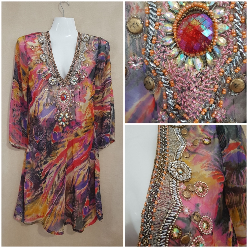 Embellished Multicolor V-Neck Swim Coverup
